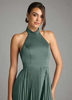 Azazie Zienna Final Sale Dusty Blue A-Line Pleated Stretch Satin Dress image5