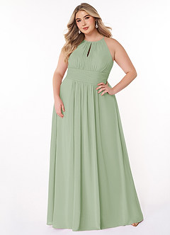 Azazie Bonnie Vestidos de damas de honor Vestido de Salvia Polvorienta de Gasa de Corte En A con Cuello de pico fruncido image6