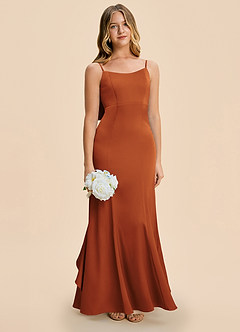 Azazie Lioren Junior Cinnamon Sheath Bow Stretch Satin Dress image2