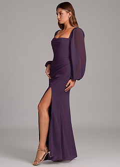 Azazie Brixley Jurken voor bruidsmeisjes Jurk van Chiffon met Zeemeermin Lange mouw Pruim image5