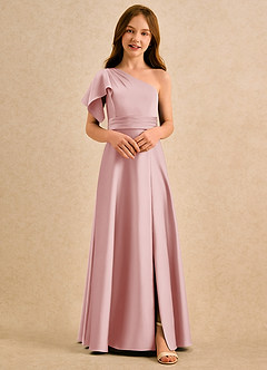 Azazie Jazzy Girls Formal Abiti da Ragazza di Fiori Abito A-Line in Raso Elasticizzato Monospalla Rosa Cipria image3