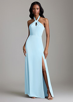 Azazie Tracie Vestidos de damas de honor Vestido de Azul Cielo de Satén Elástico de Corte en A con Corte Lateral image1