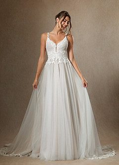 Azazie Devi Wedding Dresses Diamond White A-Line V-Neck Lace Tulle Dress image10