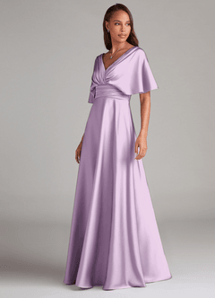 Azazie Pamela Vestidos de damas de honor Vestido de Lila Esmerilada de Satén Elástico de Corte en A con Plisado image3
