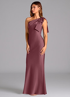 Azazie Yuanna Vestidos de damas de honor Vestido Rosa Del Desierto de Satén Elástico de Corte Sirena con Un hombro image4