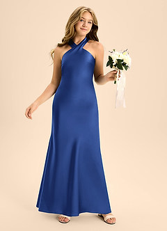 Azazie Doretta Junior Vestido de Azul Real de Satén Elástico de Corte En A con Plisado image5