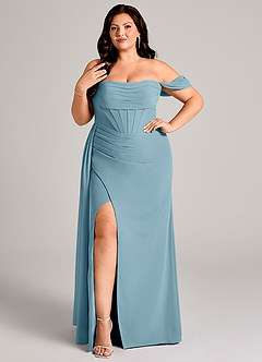 Azazie Amyra Bridesmaid Dresses Moody Blue Sheath Off the Shoulder Chiffon Convertible Dress image10