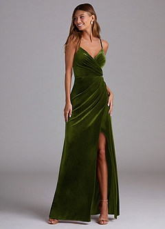 Azazie Maci Bridesmaid Dresses Olive Sheath Pleated Velvet Dress image1