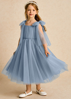Azazie Dori Robe Demoiselle D'honneur Fillette Robe Trapèze en Tulle Rayé Bleu Poussiéreux image5