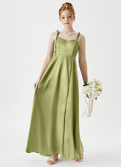 Azazie Rosey Junior A-Linie Herzausschnitt Metallischer Satin Kleid Pistazie image3