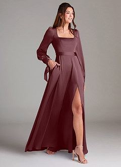 Azazie Leonia Robes de demoiselle d'honneur Robe Trapèze en Satin extensible Manche longue Sangria image4