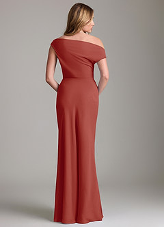 Azazie Emerson Bridesmaid Dresses Terracotta Sheath Off the Shoulder Chiffon Dress image4