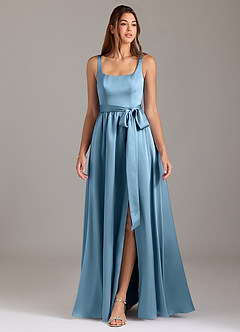 Azazie Elliott Bridesmaid Dresses Steel Blue A-Line with Pockets Stretch Satin Dress image3