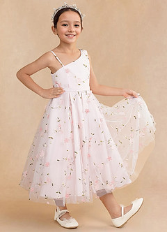 Azazie Ivilia Flower Girl Dresses Blushing Pink A-Line One Shoulder Tulle Dress image3
