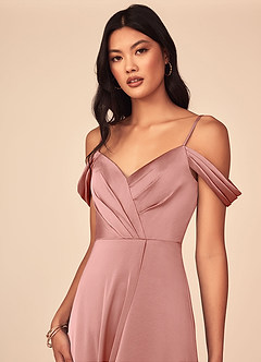 Azazie Ocean Bridesmaid Dresses Rosette A-Line V-Neck Pleated Stretch Satin Dress image4