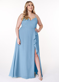 Azazie Naeem Brautjungfernkleider Eine Linie V-Hals Rüsche Chiffon Kleid Puderblau image9