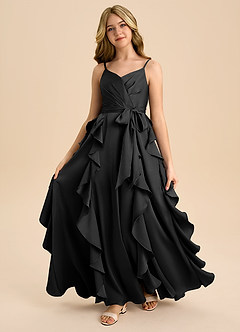 Azazie Peyton Junior Black A-Line Pleated Stretch Satin Dress image5