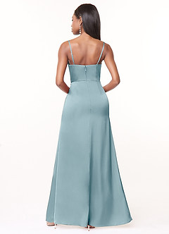 Azazie Maci Bridesmaid Dresses Moody Blue A-Line V-Neck Pleated Stretch Satin Dress image2
