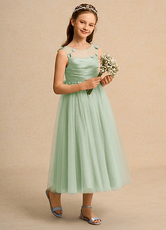 Azazie Snowball Girl Jurken voor bloemenmeisjes Baljurk Jurk van Tule Geplooid Stoffige Salie image6