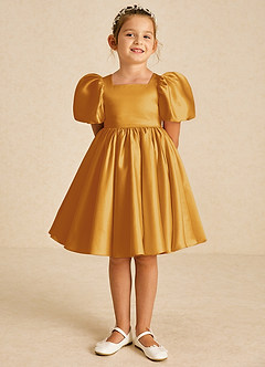 Azazie Muffin Flower Girl Dresses Butterscotch A-Line with Sleeves Matte Satin Dress image2