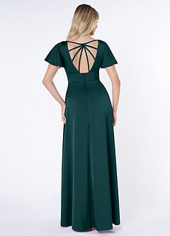 Azazie Lani Bridesmaid Dresses Pine A-Line Flounce Sleeve Stretch Satin Dress image2