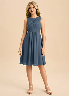 Azazie Skyla Junior Jurk van Chiffon met A-Lijn Geplooid Neptunus image3