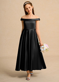 Azazie Teeny Girl Abiti da Ragazza di Fiori Abito A-Line in Raso Opaco Plissettato Nero image3