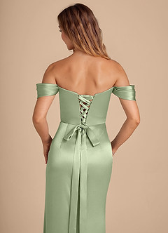 Azazie Shea Jurken voor bruidsmeisjes Converteerbaar Jurk van Metaalachtig Satijn met Zeemeermin Off the Shoulder Stoffige Salie image2