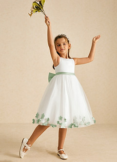 Azazie Dot Flower Girl Dresses Ivory Dusty Sage A-Line Bow Tulle Dress image3