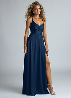 Azazie Davis Bridesmaid Dresses Dark Navy A-Line Pleated Stretch Satin Dress image5
