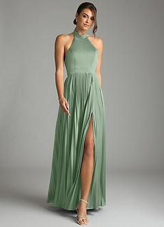 Azazie Zienna Venta Final Vestido de Matcha de Satén Elástico de Corte en A con Plisado image4
