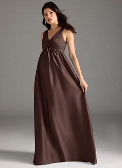 Azazie Yetta Robes de demoiselle d'honneur de maternité Robe Trapèze Plissée Longueur ras du sol Satin extensible image6