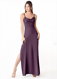 Azazie Alaija Bridesmaid Dresses Plum Mermaid Side Slit Stretch Satin Dress image2