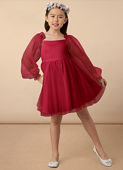 Azazie Aya Blumenmädchenkleider A-Linie mit ärmel Tüll Kleid Scharlachrot image1