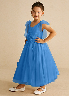 Azazie Minia Flower Girl Dresses Blue Jay A-Line Bow Matte Satin Dress image5