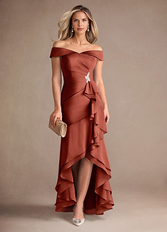 Azazie Billings Mother of the Bride Dresses Terracotta Mermaid Off the Shoulder Stretch Satin Dress image1