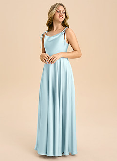 Azazie Popsy Junior Vestido de Azul Nube de Satén Elástico de Corte en A con Lazo image4