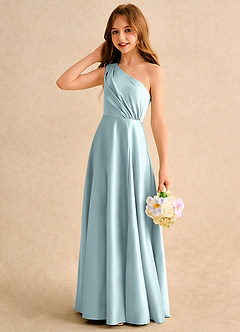 Azazie Puddles Girls Formal vestidos de niña de las flores Vestido de Neblina de Satin Mate de Corte en A con Hombro unilateral image6