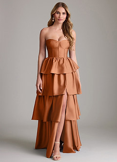 Azazie Faye Bridesmaid Dresses Copper A-Line Ruched Stretch Satin Dress image1