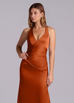 Azazie Amelie Bridesmaid Dresses Burnt Orange A-Line Pleated Stretch Satin Dress image6