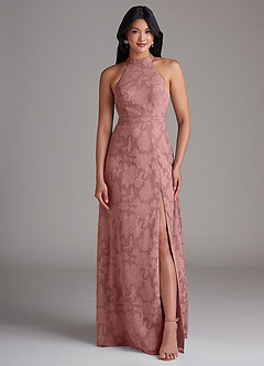 Azazie Clarice Bridesmaid Dresses Dusty Rose A-Line Side Slit Floral Burnout Dress image4