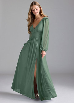 Azazie Norah Bridesmaid Dresses Eucalyptus A-Line Mesh Dress image1