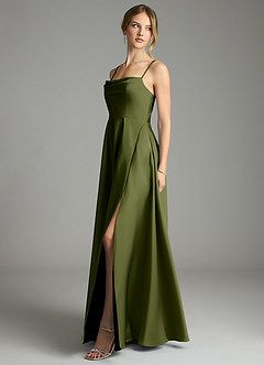 Azazie Elle Bridesmaid Dresses Olive A-Line Pleated Stretch Satin Dress image3
