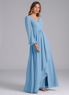 Azazie Liah Bridesmaid Dresses Powder Blue A-Line Long Sleeve Chiffon Dress image5
