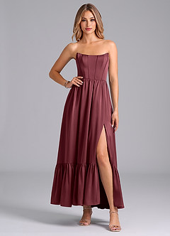 Azazie Leilana Robes de demoiselle d'honneur Robe Trapèze en Satin extensible Corset Merlot image4