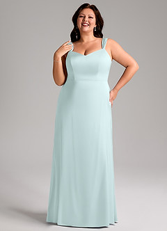 Azazie Denice Bridesmaid Dresses Sea Glass Sheath Pleated Stretch Satin Dress image10
