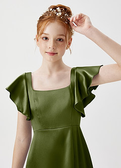 Azazie Bondi Junior Olive A-Line Side Slit Metallic Satin Dress image5