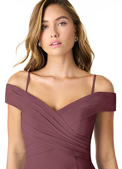 Azazie Lecia Bridesmaid Dresses Sangria Empire Off-The-Shoulder Pleated Chiffon Convertible Dress image2