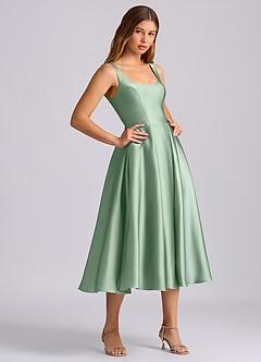 Azazie Amalie Bridesmaid Dresses Agave A-Line Pleated Stretch Satin Dress image4