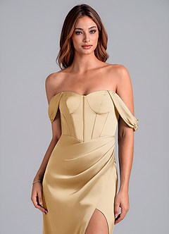 Azazie Asha Vestidos de damas de honor Vestido de Oro de Satén Elástico de Corte Recto Convertible con Vestidos sin tirantes image5